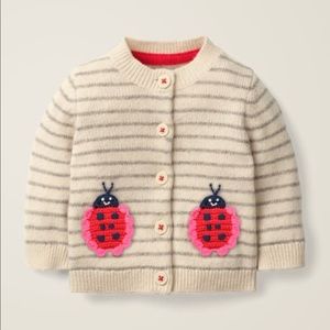 Mini Boden Embroidered Ladybug Cardigan White Gray Stripe Red Black Pink